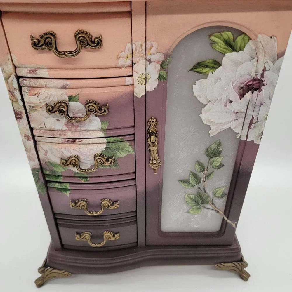 Custom Hand Painted Vintage Wooden Jewelry Box Large Drawers Necklace Carousel